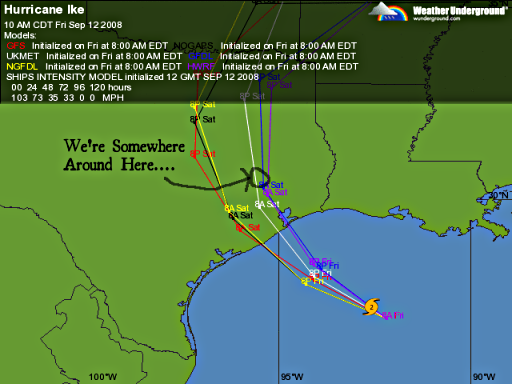 Hurricane Ike predicted tracks, going right through where we live as of 20080912T100000