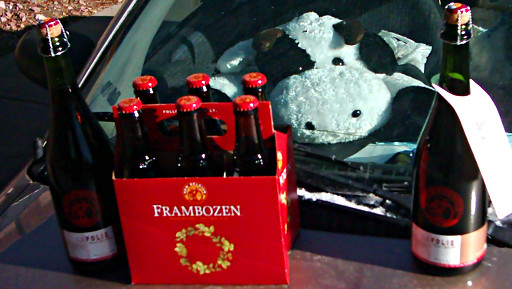 FloppyCow gazes from inside Flagella (my car) at the beer I just picked up at New Belgium Brewing Company - La Folie and Frambozen