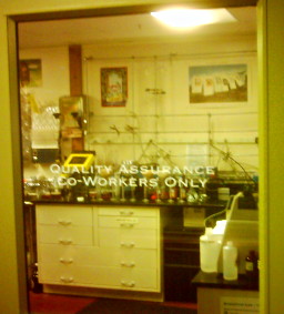 Quality Assurance lab at New Belgium Brewing Company, as seen through the 'employees only' door.