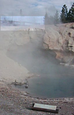 Walkway shown crossing the top of the steaming opening of Green Dragon Spring
