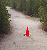 Traffic cone, in the middle of the trail